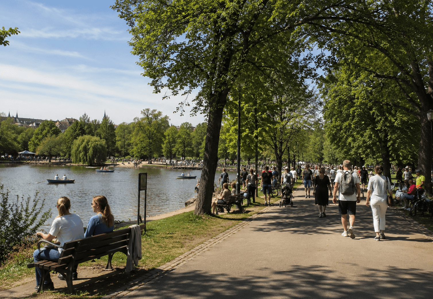 Stromovka Park lakeside path with trees and people walking